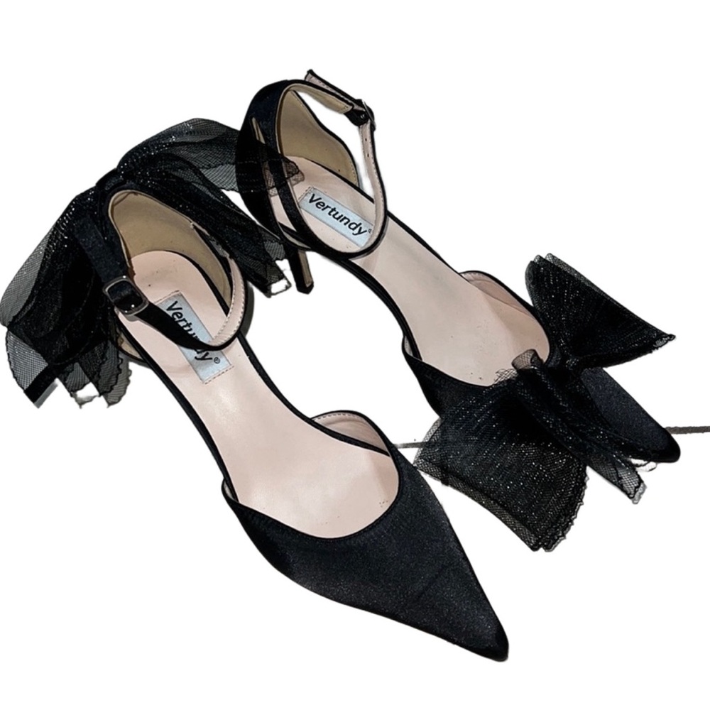 Vertundy Black Heels Stiletto Pump Asymmetric Mesh Bow Ankle Strap